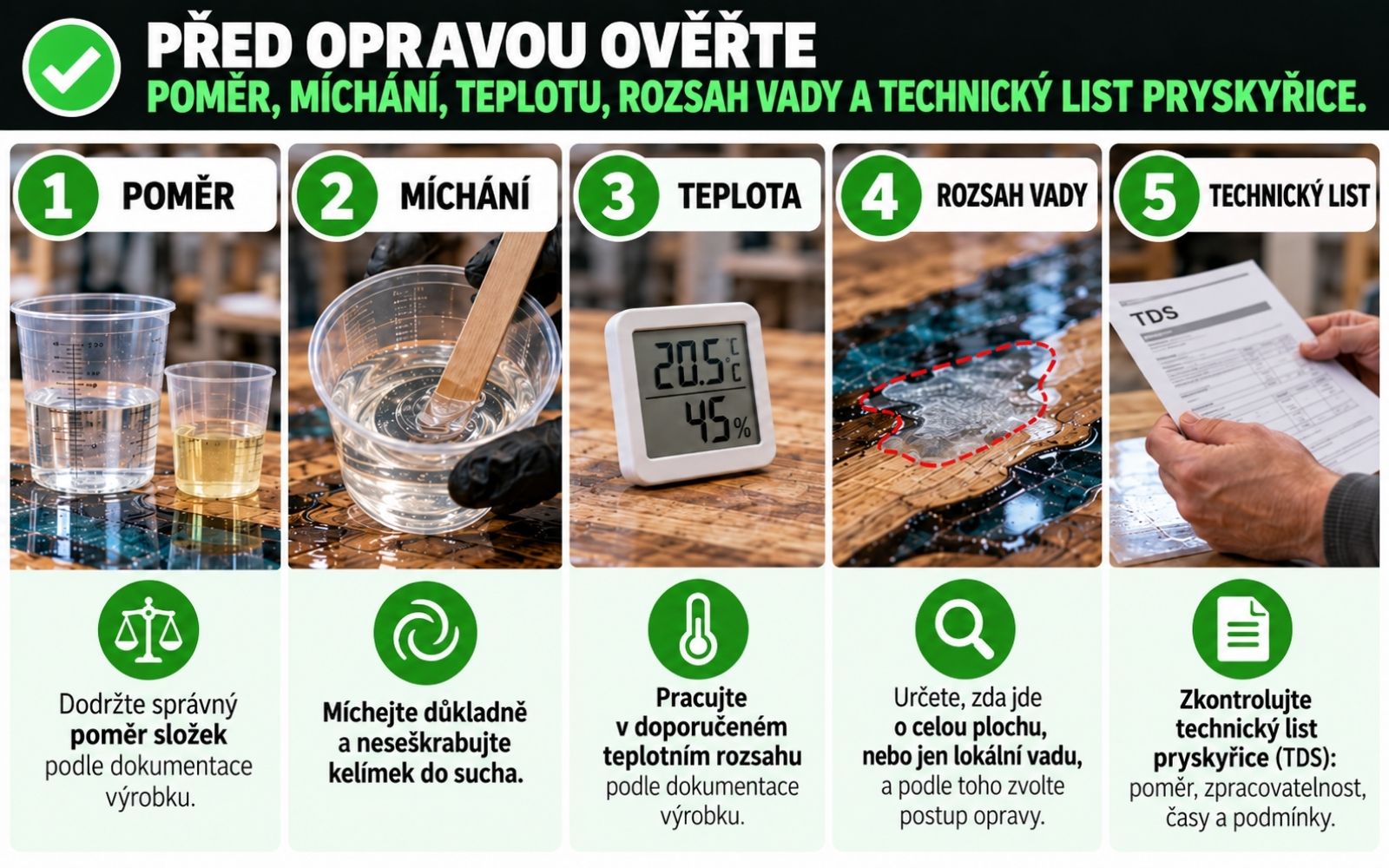 Checklist před opravou lepivého nebo nevytvrzeného epoxidu